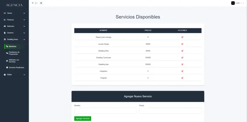Lista de servicios de detailing disponibles en Tablero, con nombre y precio de cada servicio y un formulario para agregar uno nuevo
